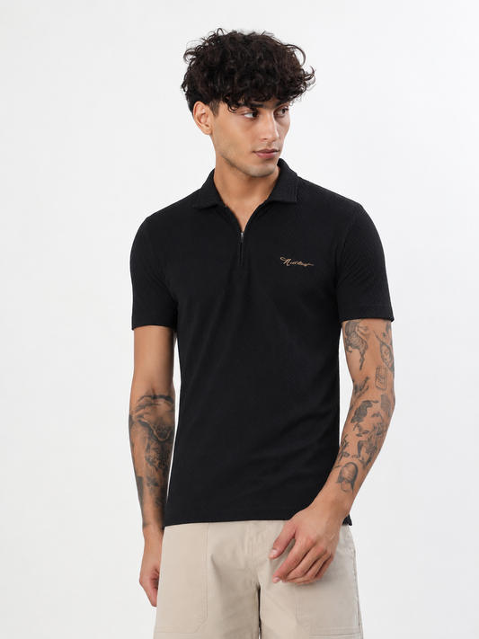BLACK TEXTURED ZIP POLO T-SHIRT