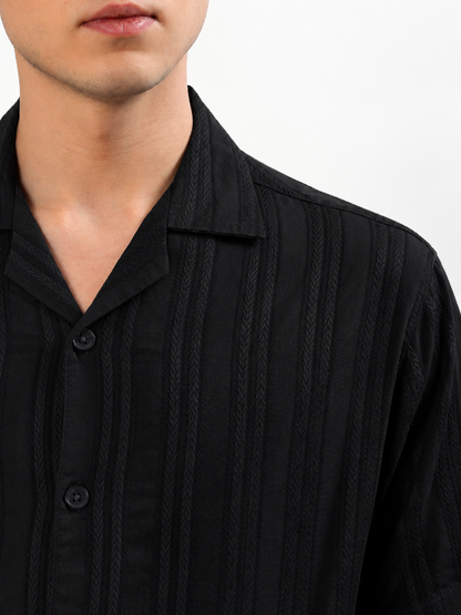 JET BLACK TEXTURED HALF SLEEVE RESORT SHIRT