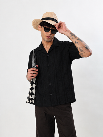 JET BLACK TEXTURED HALF SLEEVE RESORT SHIRT